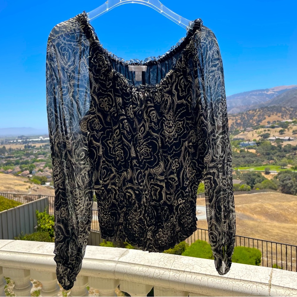 Fitted Black and White Blouse, with sheer blousy sleeves